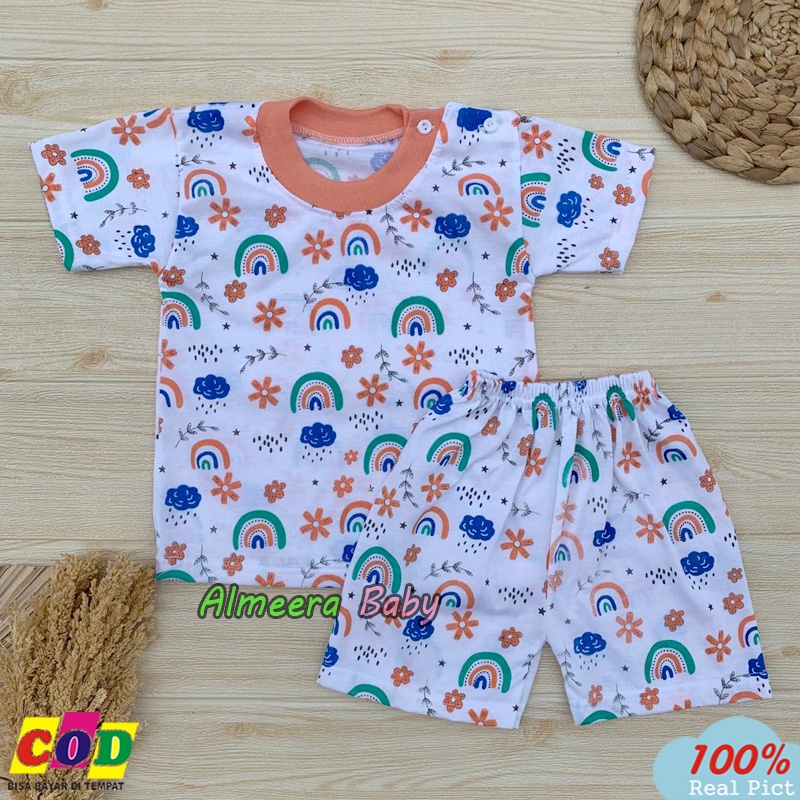 Setelan Baju Bayi Setelan Piyama Bayi Lengan Pendek Kancing Bahu Motif Pelangi Usia 3-12 Bulan Almeera Baby And Kids