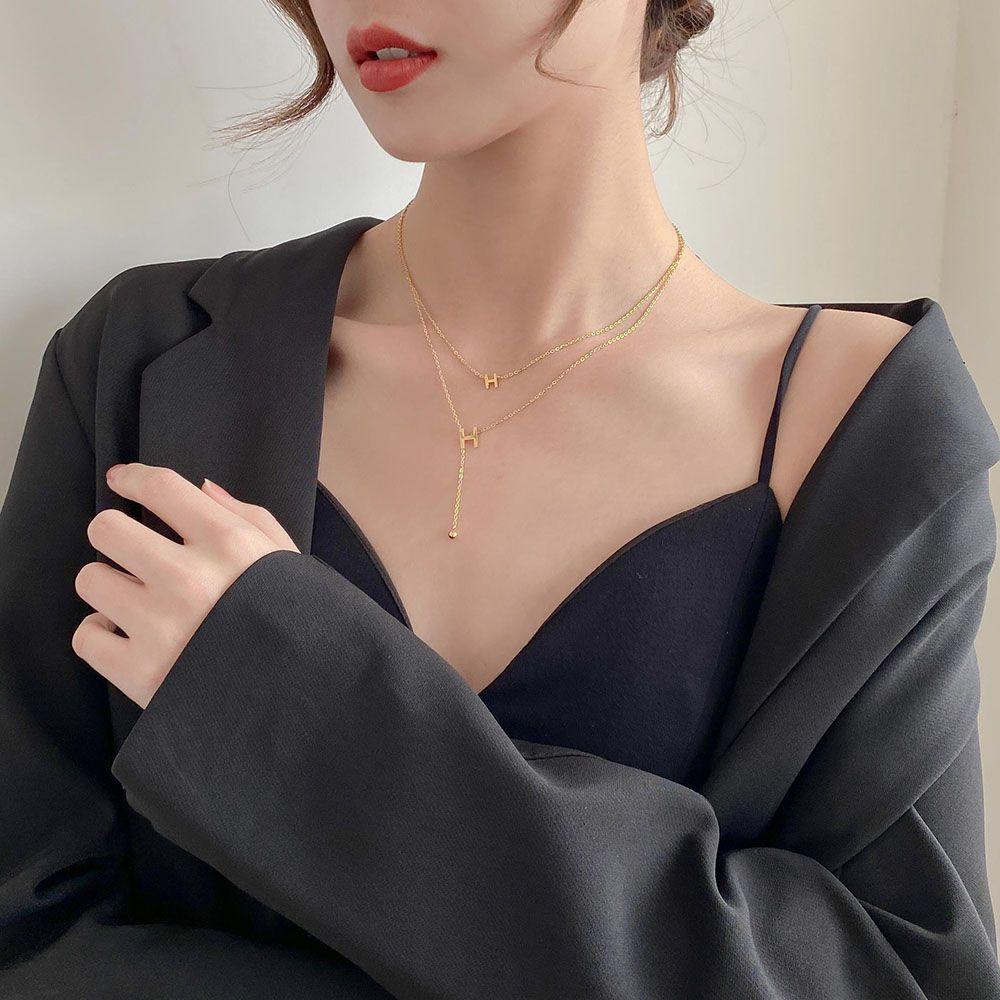 Needway Huruf H Kalung Temperamen Hip Hop Hadiah Chocker Titanium Steel Double-layer Gaya Korea Klavikula Rantai