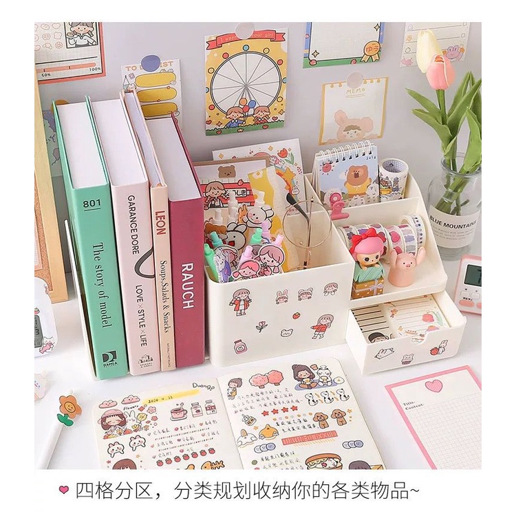 [littlecrab] Tempat Pena With Additional Rak Buku Aesthetic Room Desk Organizer Dengan Laci 5 Sekat Tempat Penyimpanan Pena Buku Stationary Kit Lengkap Adjustable