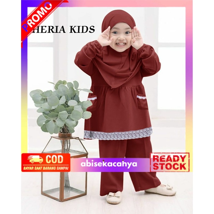 COD TERMURAH Sheryl Kids Baju Setelan Muslim 3 In 1 Anak Perempuan Usia 4 - 5 Tahun - Maroon