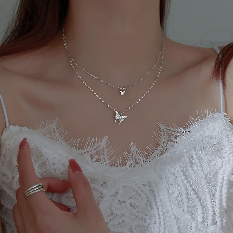 New Trendy Double Layer Rhinestone Butterfly Chain Choker Necklace For Women Silver Color Simple Chain Necklaces Jewelry|Chain Necklaces