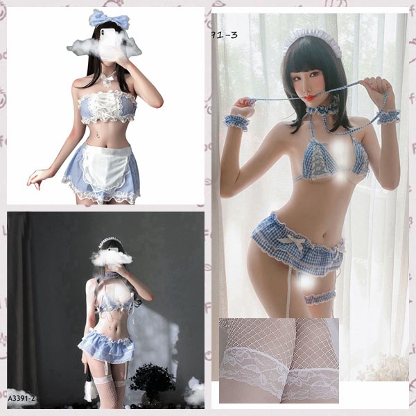 Set Seksi Lingerie Wanita Seragam Cosplay Pelayan Bikini dan stoking jepit Fambut Kostum 3A391-1