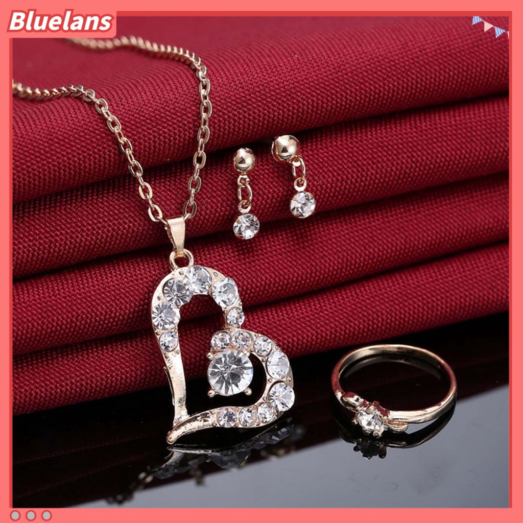 Bluelans Luxury Love Heart Pendant Rhinestone Necklace Ring Earrings Women Jewelry Set