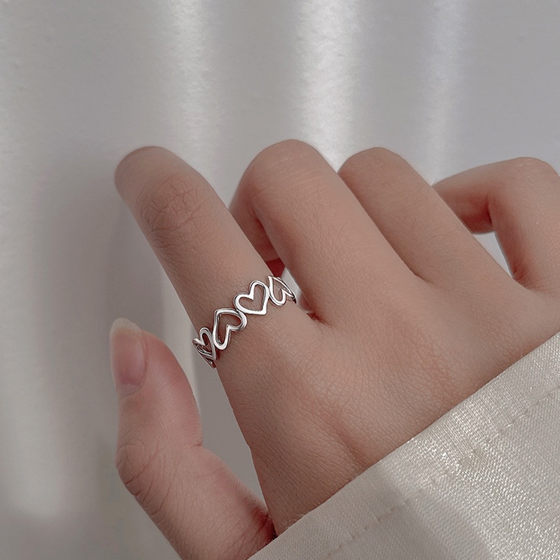 Papaozhu 2PCs Korea Perak Berongga Hati Ke Hati Cincin Set Untuk Wanita Adjustable Geometris Jari Manset Perhiasan