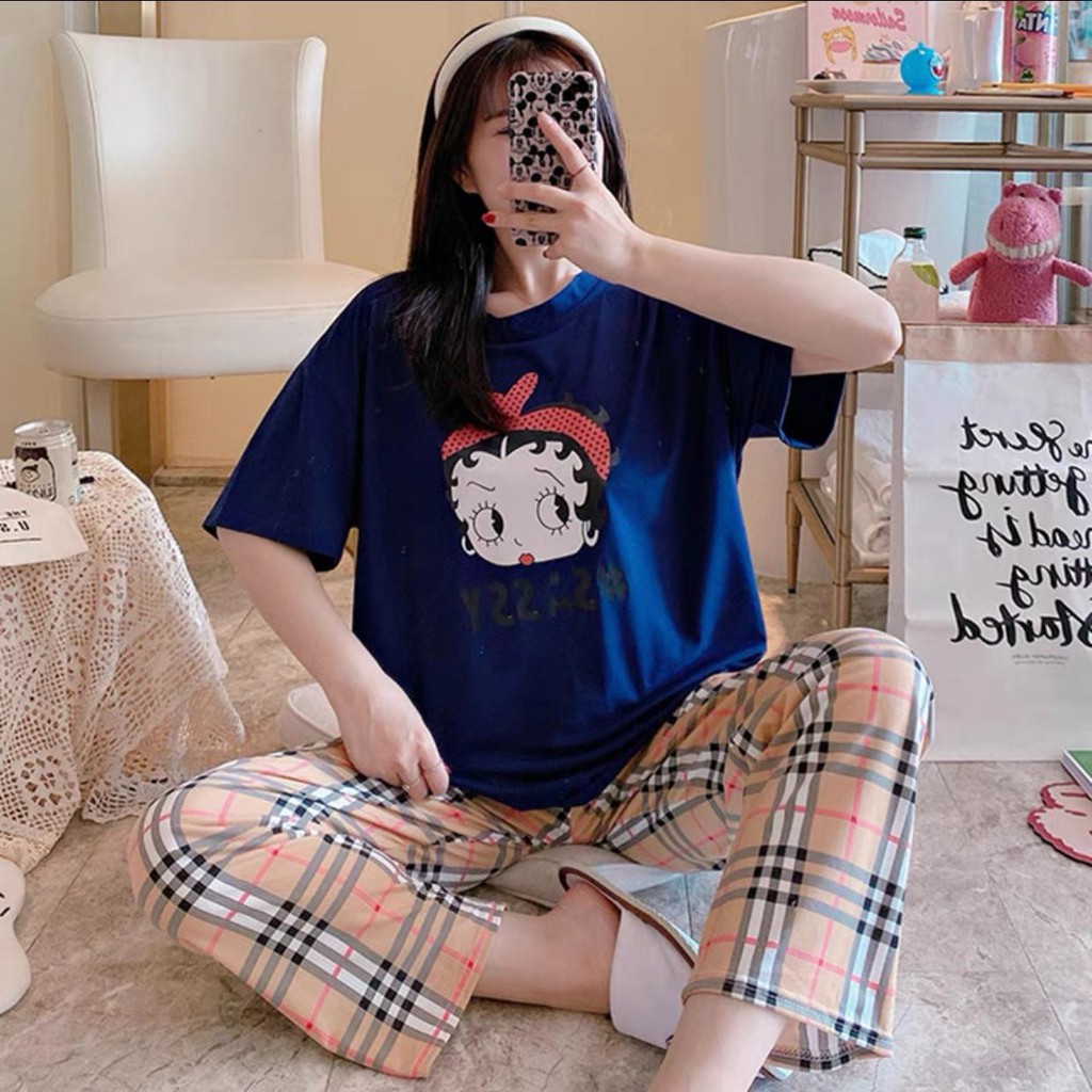 Baju Tidur Piyama Set/Piyama Wanita Import/Baju Piyama Motif Kartun/Woman Sleep Wear-P12-Navy Betti