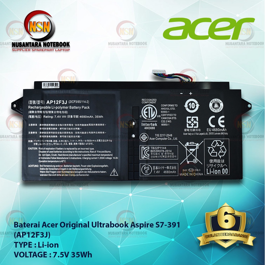 Baterai Acer Original Ultrabook Aspire S7-391 AP12F3J