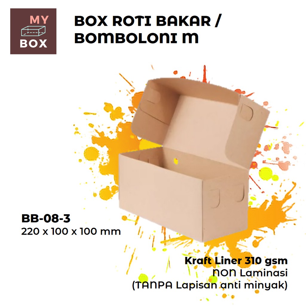 

BOX DUS KARDUS KOTAK ROTI BAKAR DONAT BOMBOLONI BOLU (M) BB-08-3 22x10x10 cm KRAFT 310 gsm NON PE