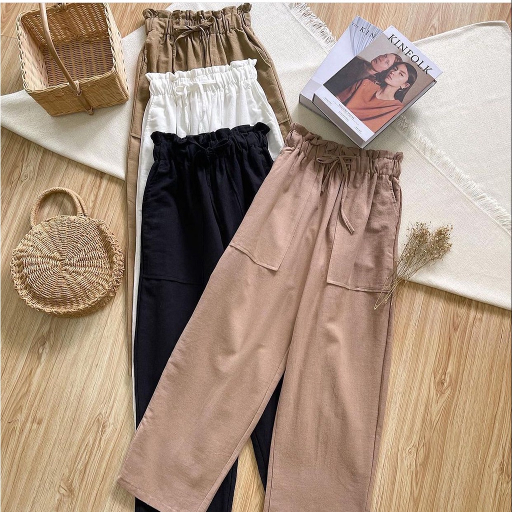 1KG MUAT 5PCS | XIABO LONGPANTS LINEN RAMI KARET PINGGANG BAGGY LINEN RAMI KOREAN STYLE HITS OOTD SELEBGRAM FASHION GROSIR MURAH WANITA