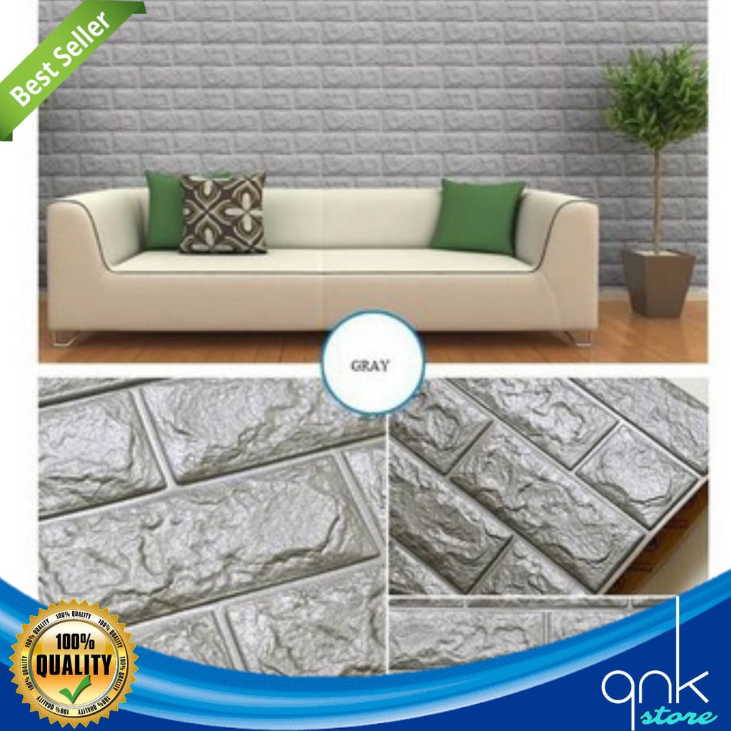 Wallpaper Dinding 3D Foam Timbul Motif Batu Bata 70cm x 77cm Motif Batu Bata Grey