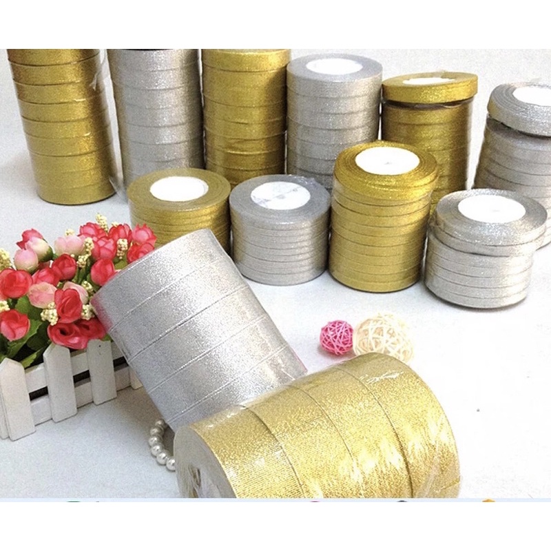 ( Rol 20 Yard ) PITA METALLIC GLITTER GOLD / SILVER - PITA METALIK GLITER EMAS / PERAK 1/4/ 1/2/ 1/ 1.5/ 2 INCH / 2 IN - 0.6 CM / 1.2 CM / 2 CM / 2.5 CM / 4 CM / 5 CM HIASAN KADO HAMPERS SOUVENIR