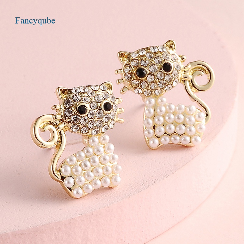 Fancyqube Anting Stud Desain Hewan Kucing Kuda Burung Aksen Mutiara Berlian Imitasi Untuk Wanita