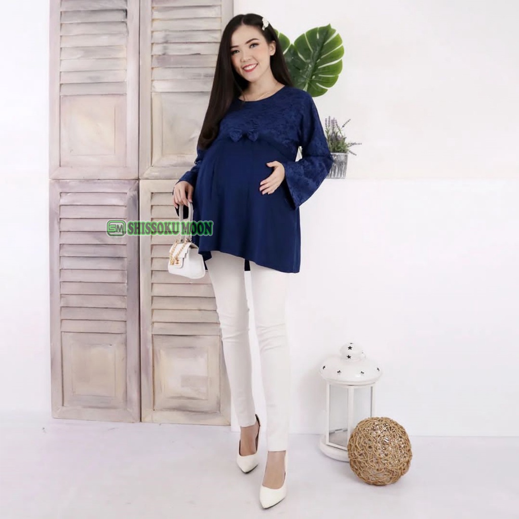 Baju Atasan Hamil  Menyusui Lengan Panjang Model Elegan Bahan Brukat &amp; Rayon Twill - Lassie