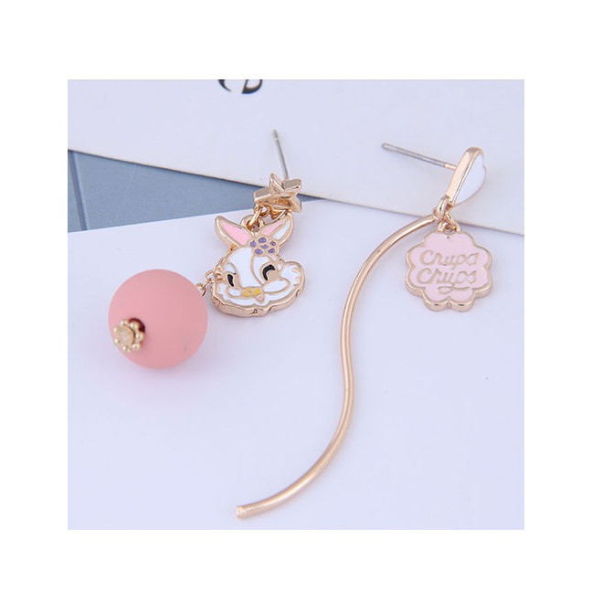 LRC Anting Tusuk Fashion Pink Rose Asymmetric Earrings With Rabbit Oil Beads D60201