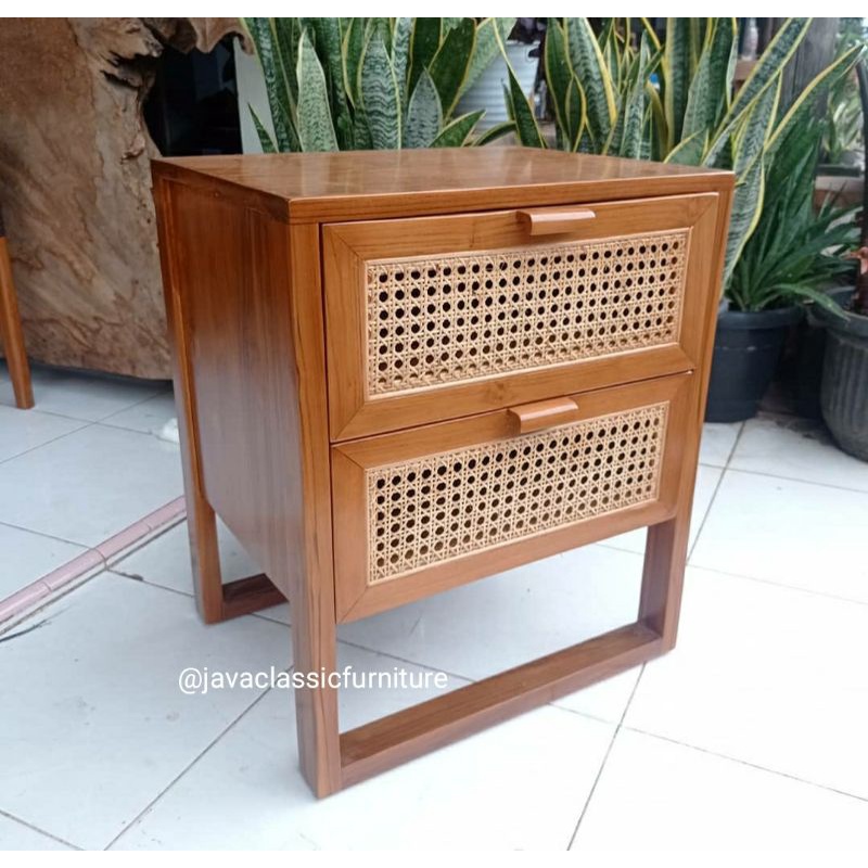 NAKAS RETRO ROTAN MINIMALIS PUK VINTAGE LACI 2 BAHAN KAYU JATI UKURAN 40x50x60cm-1
