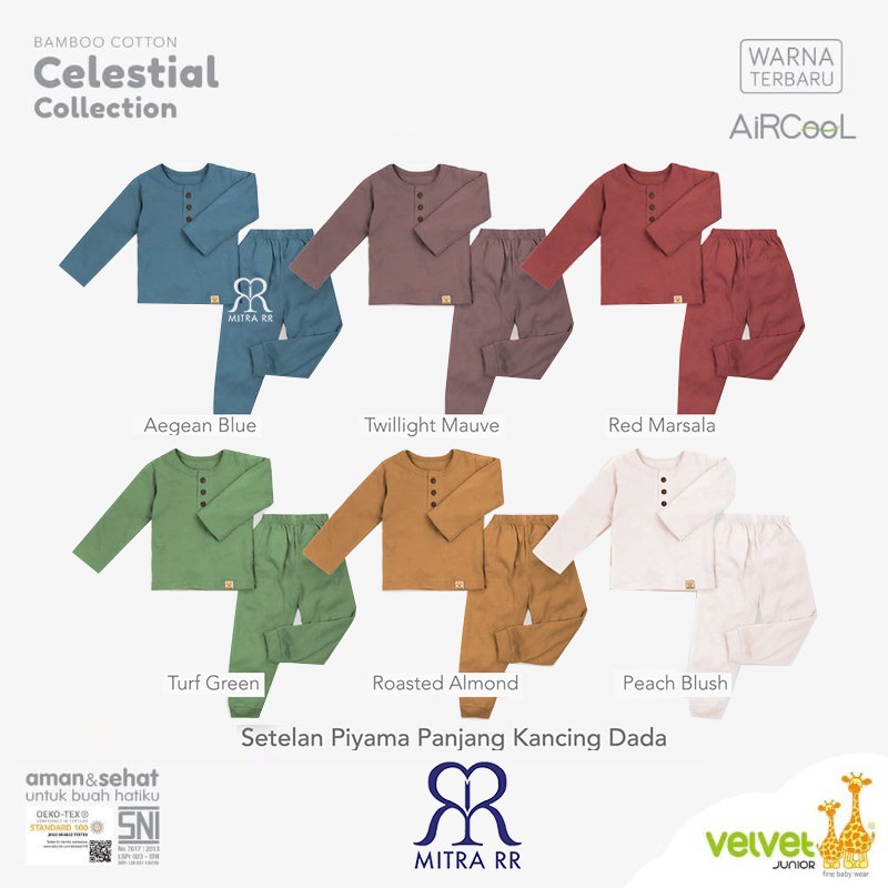 [TERBARU] Velvet Junior Bamboo Celestial Collection Earth Color Setelan Piyama Oblong Panjang Baju Tidur Anak Polos Unisex EARTH COLOR