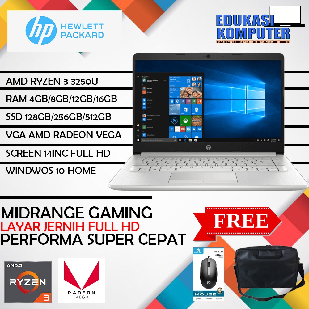 LAPTOP GAMING HP 14 RYZEN 3 3250U RAM 4GB SSD 128GB WIN10HOME SILVER