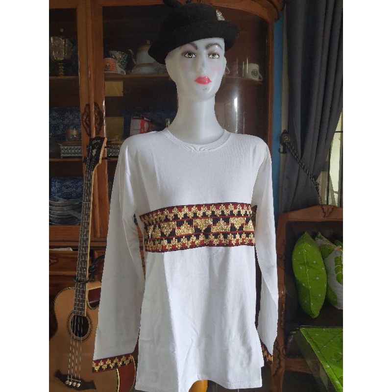Baju kaos putih pria wanita dewasa tapis lampung lengan panjang