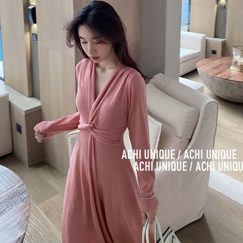 knitted V-neck dress cross thin A- line dress waist-controlled long sleeves