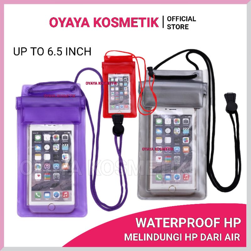 Sarung Hp Waterproof Pucoh Handphone Anti Air Bag Universal Bisa Untuk Semua Hape Lindungi Dari Air hujan Basah Dompet haoeh Bisa digantung Terbuat dari Plastik Pvc Berkualitas Oyaya Kosmetik Pekanbaru Ecer grosir Riau warna Hitam Putih Ungu Merah Biru