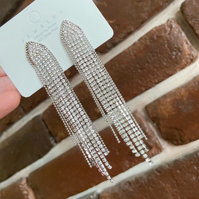 Anting Rumbai Panjang Bahan 925 Silver Needle Aksen Kristal Berlian Geometris Gaya Vintage