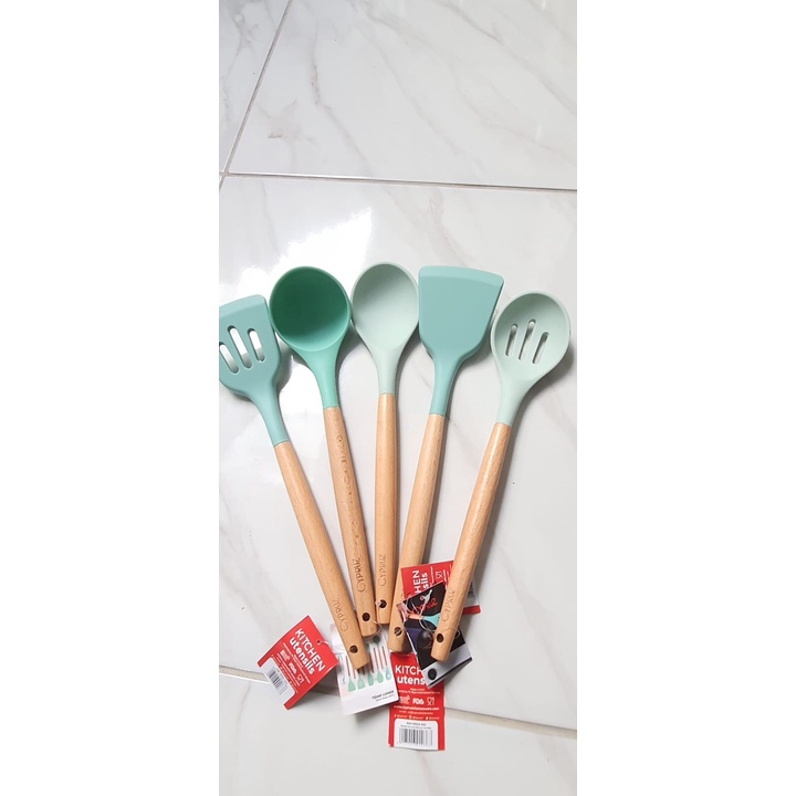 Paket Spatula Cypruz Sodet Silikon Gagang Kayu Silicone Hijau Set