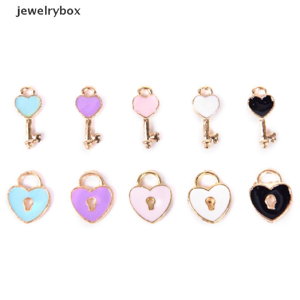 [jewelrybox] 10pcs /Set Enamel Alloy Love Lock Kunci Charms Liontin Perhiasan DIY Membuat Craft