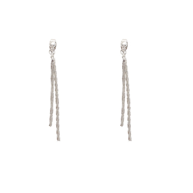 Anting Gantung Panjang Tusuk Silver Sterling 925 Aksen Rumbai + Kilau Untuk Perhiasan Wanita