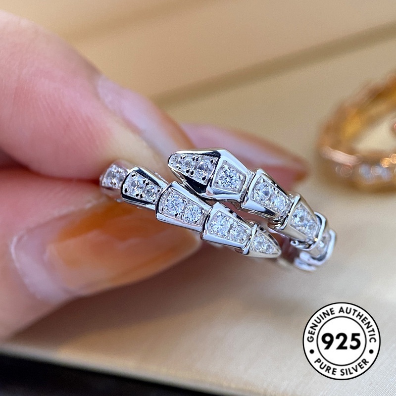 Cincin Model Terbuka Bentuk Ular Bahan S925 Silver Aksen Berlian Penuh