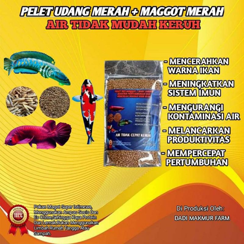 PELET IKAN HIAS KOI  BAHAN UDANG DAN MAGGOT MERAH BOOSTER PERTUMBUHAN DAN WARNA SISIK IKAN