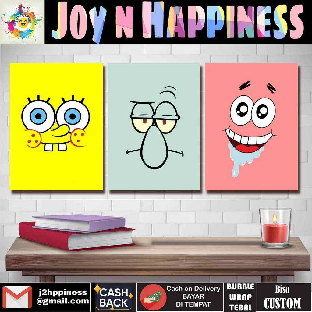 Hiasan Dinding Poster Frame Kayu Spongebob Patrick Squidward