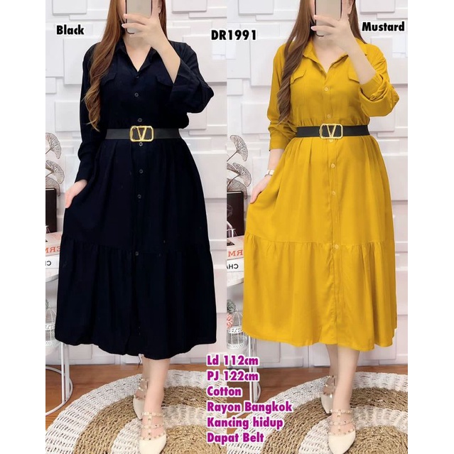 Dress Cotton Rayon Bangkok free belt kancing hidup