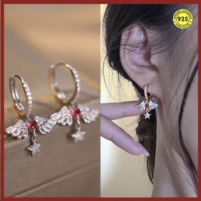 Anting Klip Lapis Emas 18K Bentuk Sayap Malaikat Hati Merah Bahan Zirkon Anti Karat Gaya Retro