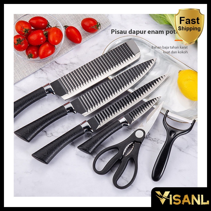 Pisau Dapur Set isi 6pcs Kitchen Black Knife Set Pisau tajam/ hadiah/ kemasan kotak hadiah