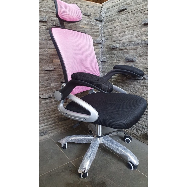 Kursi Kantor Hidrolik Sandaran Kepala Headrest Plus Bantal Kursi Kerja Armrest Naik Turun-818 Pink