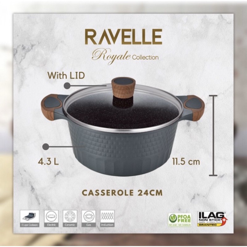 RAVELLE ROYALE CASSEROLE WITH LID 24CM/CASSEROLE DENGAN TUTUP/PANCI MASAK SOP DENGAN TUTUP/RAVELLE