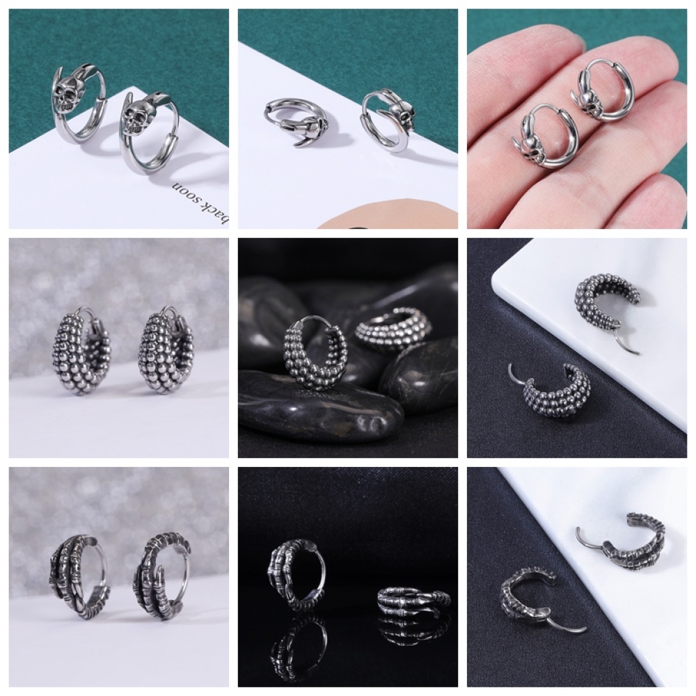 1 Pasang Anting Kait Desain Kepala Naga Tengkorak Ular Bahan Stainless Steel Gaya Punk Rock