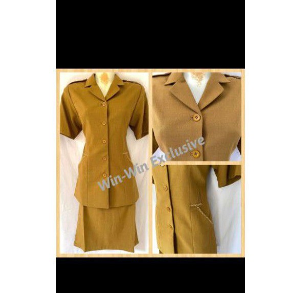 Stelqn blazer kerja kantor wanita Pemda PNS khaki tua lengan pendek
