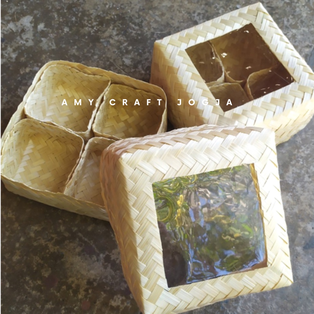 SEPASANG BESEK BAMBU TUTUP MIKA 20 cm SEKAT 4 BESEK | Besek Hias | Besek Hampers | Anyaman Bambu