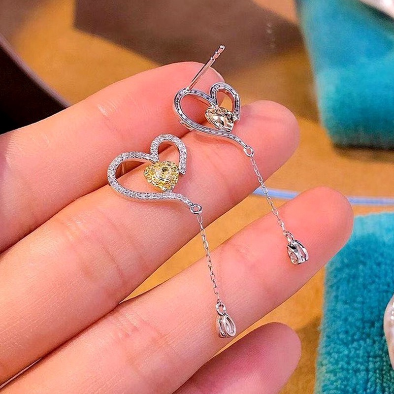 Anting Juntai Bentuk Hati Bahan Cubic Zircon Aksen Rumbai Untuk Wanita