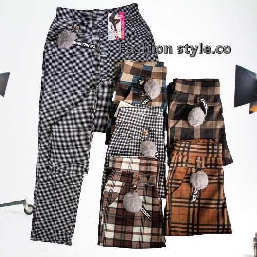 celana kotak kotak pom pom import korea terbaru / celana wanita kotak kotak panjang