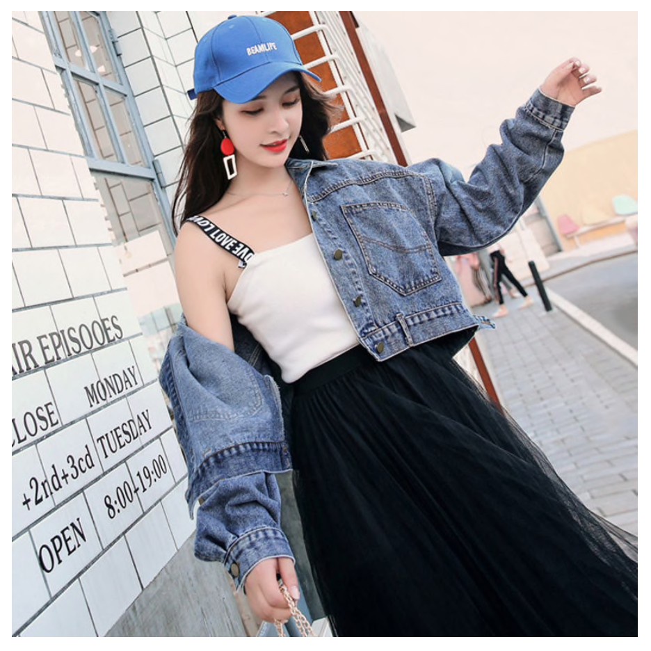 Jaket Jeans Oversize LD 110 - 150 // Jaket Jumbo Saku Wanita Sandwash Denim Premium-REVA SW BIRU LD110