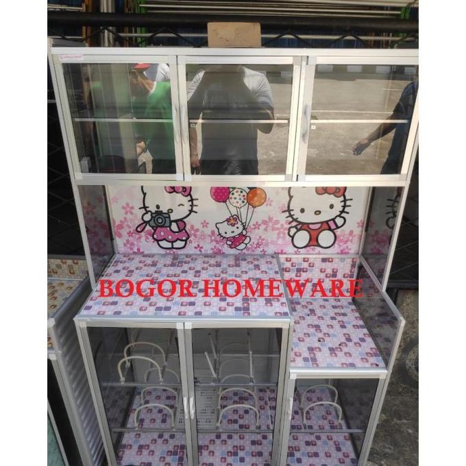 (Khusus Bogor) Rak Piring / Lemari Piring Kaca 3 Pintu Mc Gambar Riben Mimifebrianti12