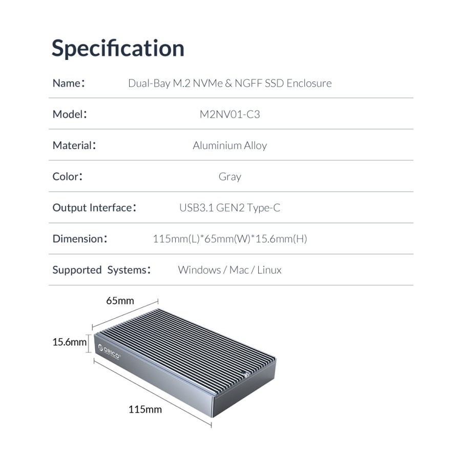 ORICO M2NV01-C3 Dual-Slot M.2 NVMe &amp; NGFF SSD Enclosure