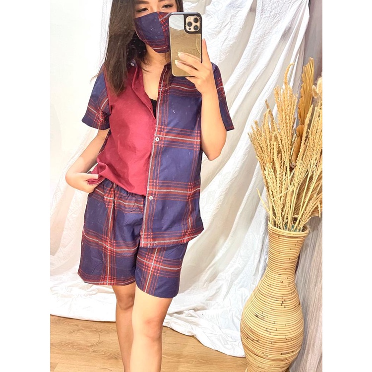 Morymony daily set homewar / setelan celana pendek / stelan baju wanita marble pastel-tartan maroon