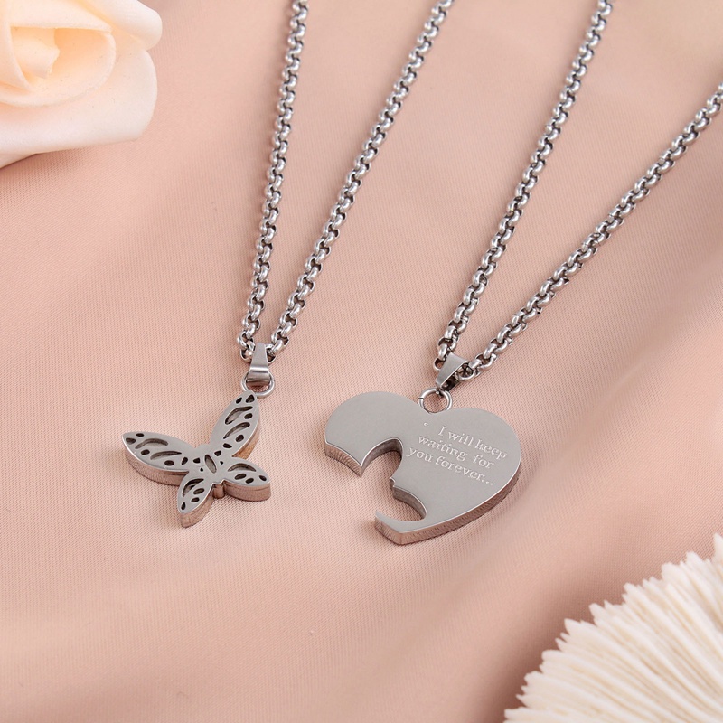 Kalung Desain Puzzle Butterfly Heart Bahan Stainless Steel Gaya Hip Hop Untuk Pria Dan Wanita