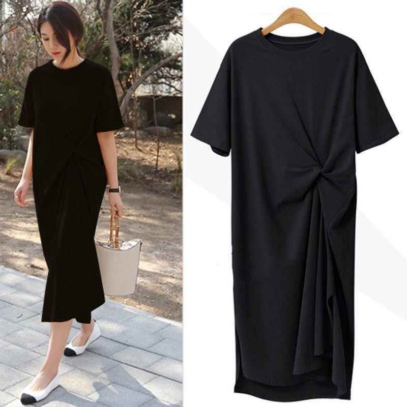 Dress Slim Polos Korean / dress bodycon import / Basic Knotted Long Dress Wanita Casual Lengan Pendek C282 (L )