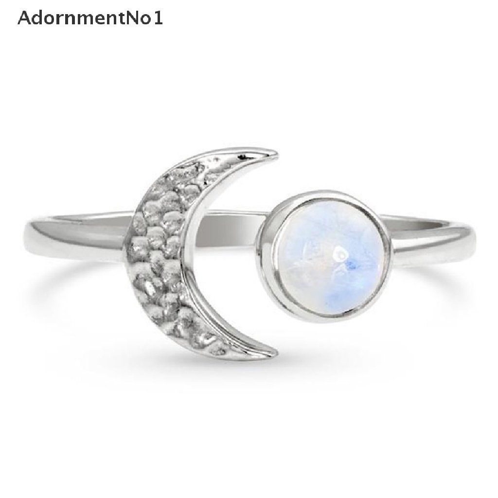 (AdornmentNo1) Cincin Terbuka Vintage Motif Bulan + Batu Opal + Kristal + Hollow Untuk Perhiasan Wanita