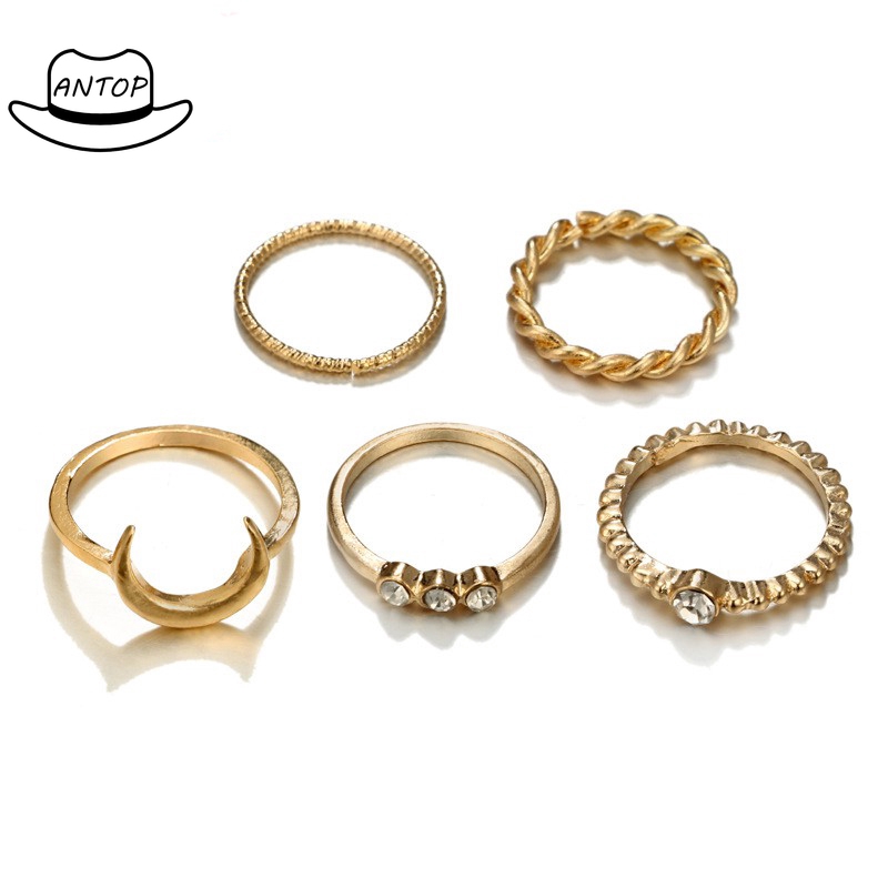 Antop！5Pcs Cincin Vintage Boho Model Stackable Bulan untuk Wanita