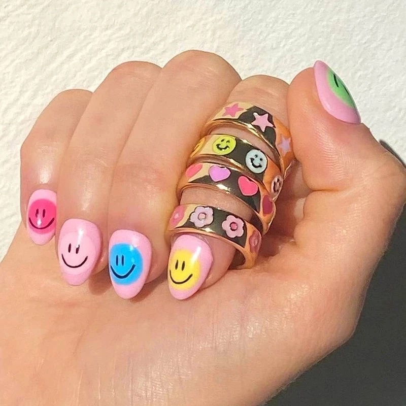 Korean Simple Gold Rings Oil Dripping Vintage Ins Style Heart Shape Colorful Ring for Women Jewelry Fashion Accessories