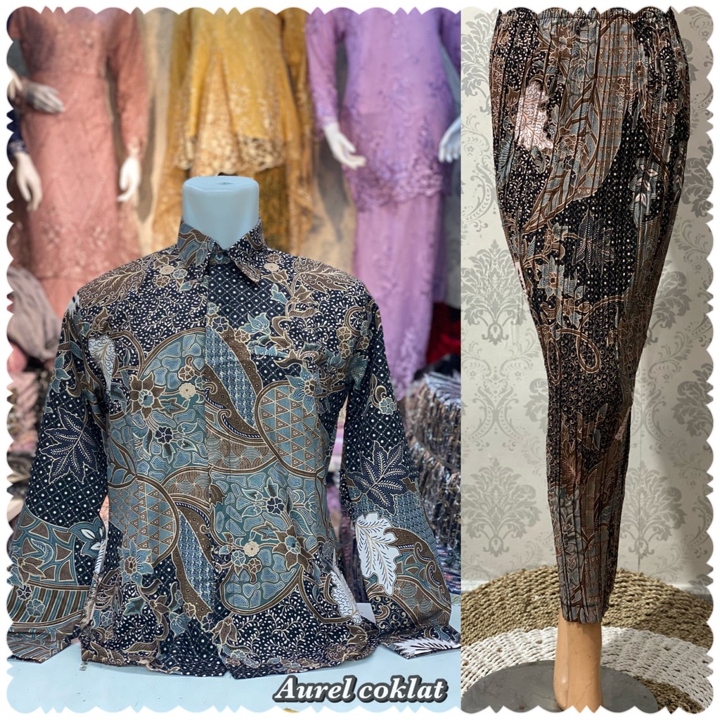 Couple batik kemeja dan rok plisket / set rok plisket dan kemeja batik / motif aurel coklat